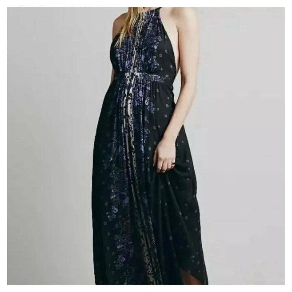 Free People Black Floral Print Halter Neck Maxi Dress Open Back Boho Festival